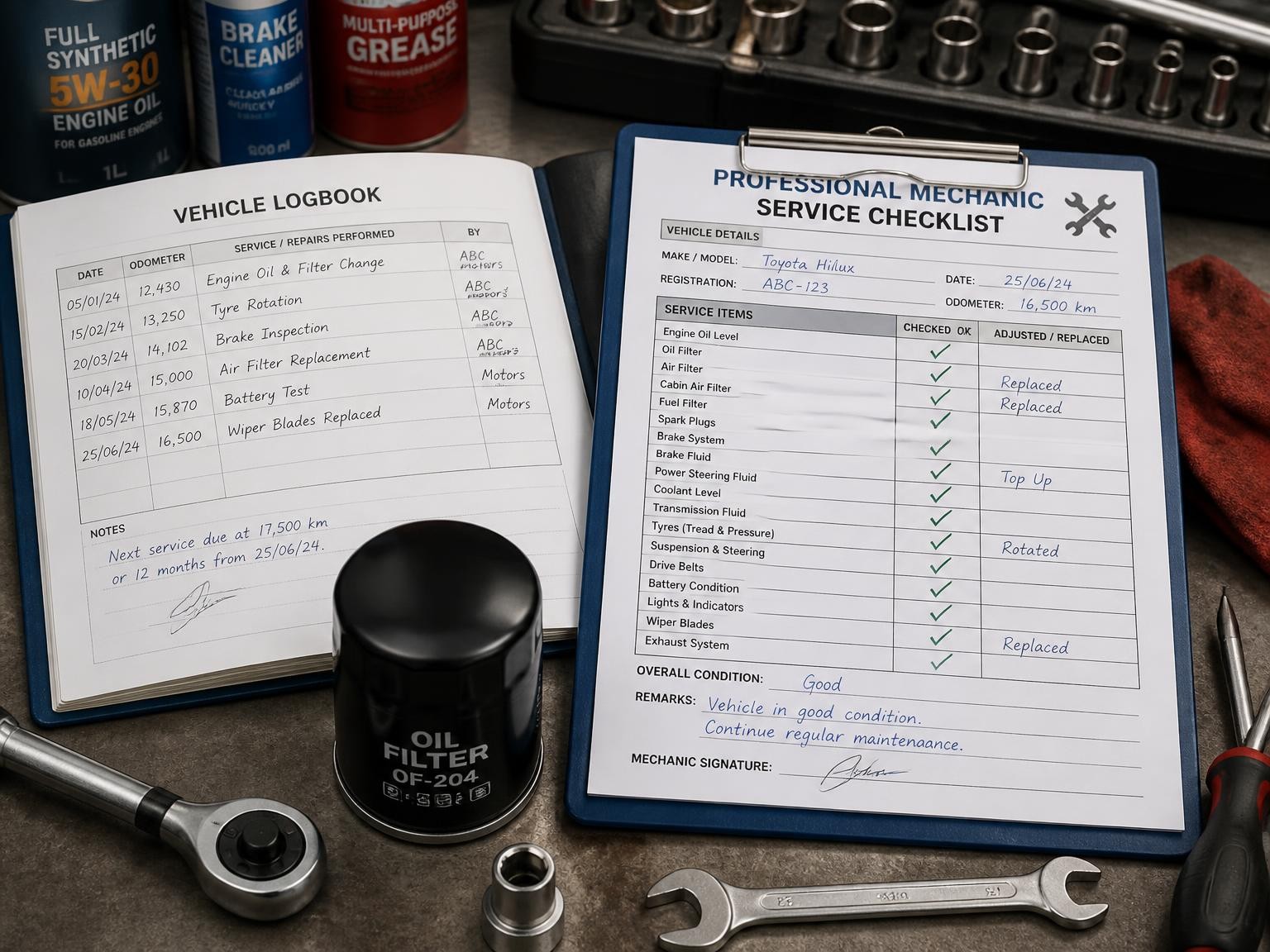 Vehicle logbook and car service checklist