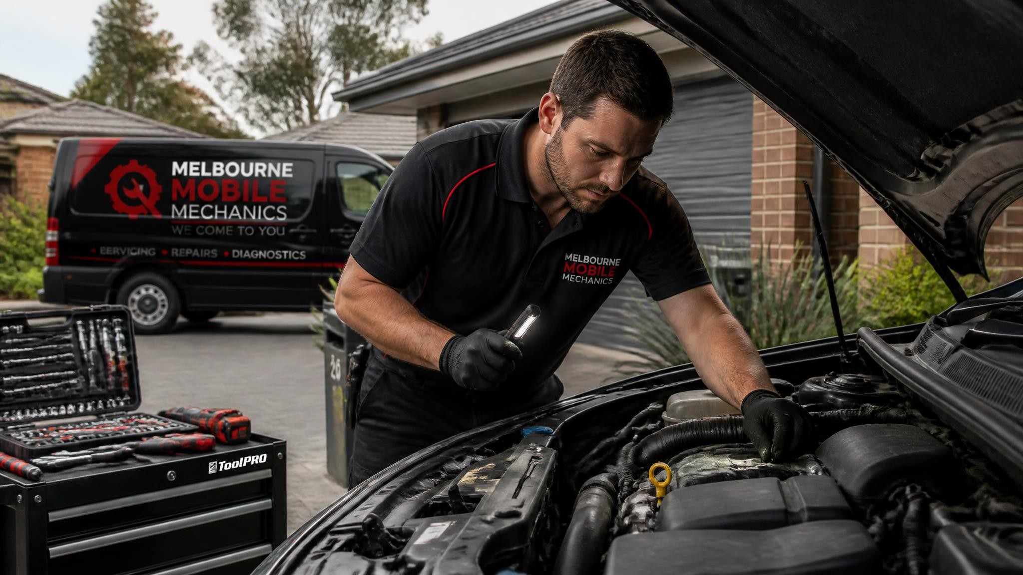 Onsite auto mechanic working at a Melbourne home