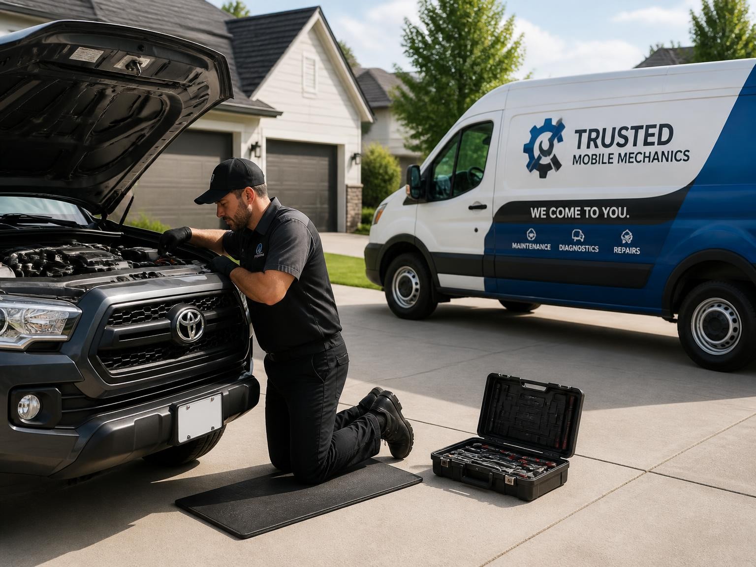 Mobile mechanic working at a customers home