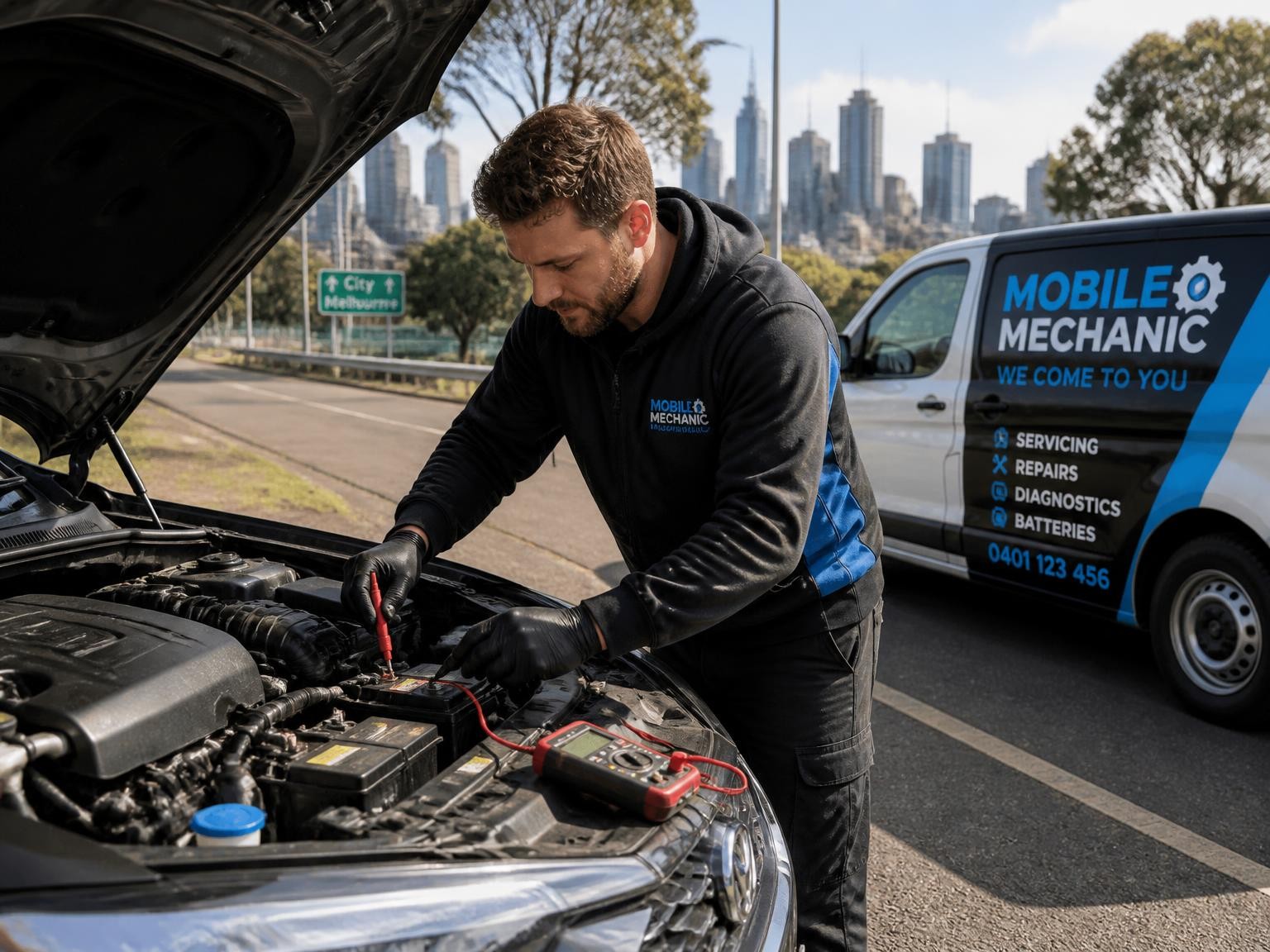 Mobile mechanic checking a car battery during an onsite repair