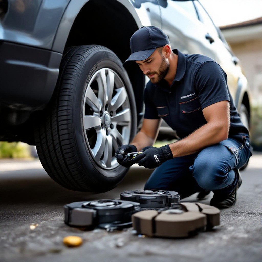Mechanic working on brakes