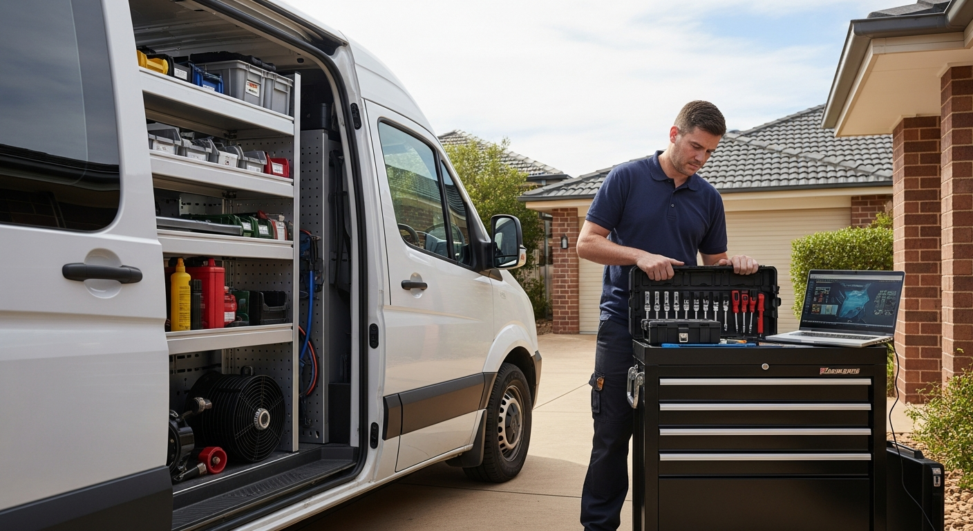 Mobile car workshop van at a home