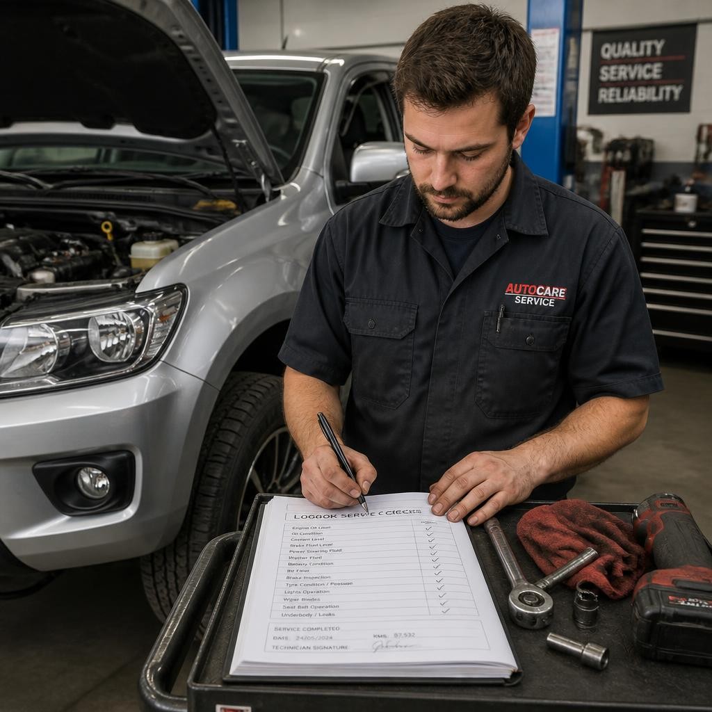 Car service technician completing logbook servicing